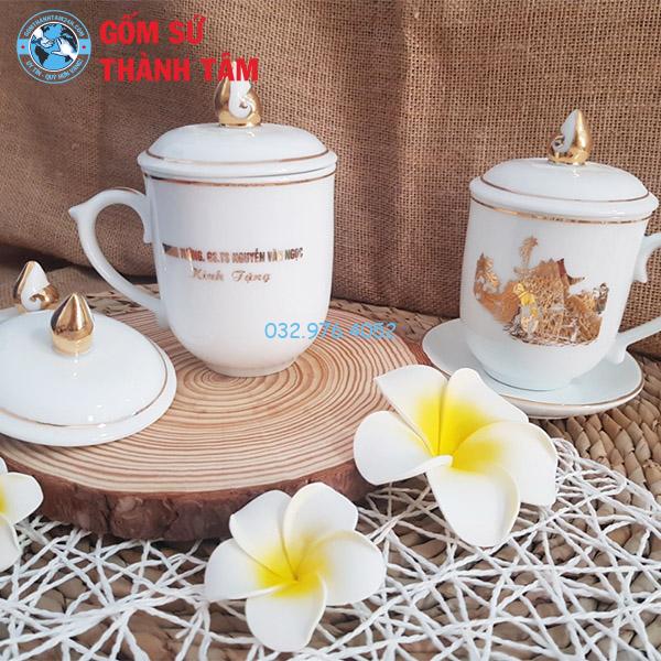 Ly Sứ Có Nắp Đậy Trắng Viền Vàng Kim