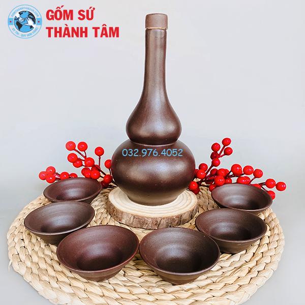 Nậm Rượu Hồ Lô Nâu Gốm 2 Bầu