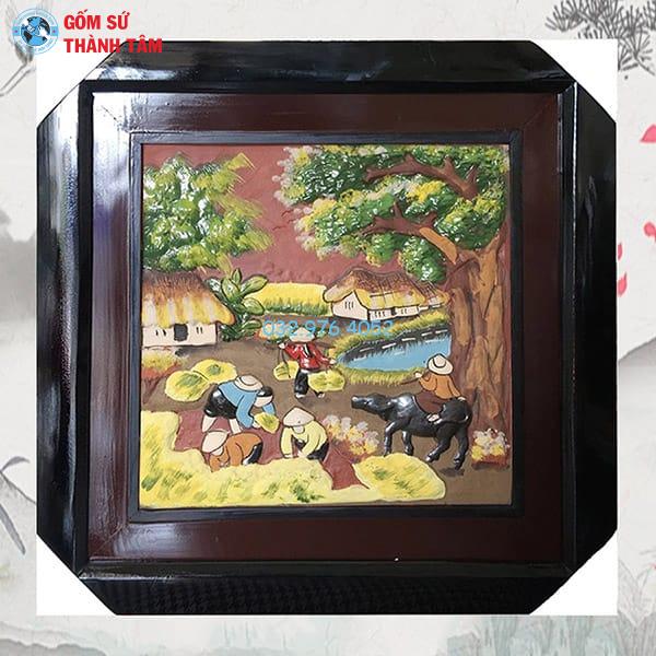 Tranh Gốm Đắp Nổi Khung Vuông | Đồng Quê