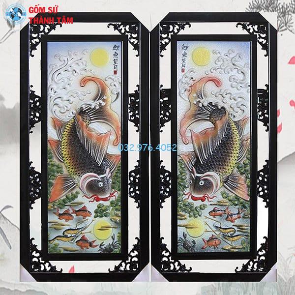 Tranh Gốm Sứ Theo Bộ Đôi | Lý Ngư Vọng Nguyệt Khung Rẻ