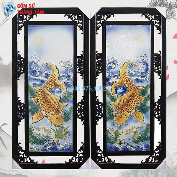 Tranh Gốm Sứ Theo Bộ Đôi | Lý Ngư Vọng Nguyệt Khung Rẻ